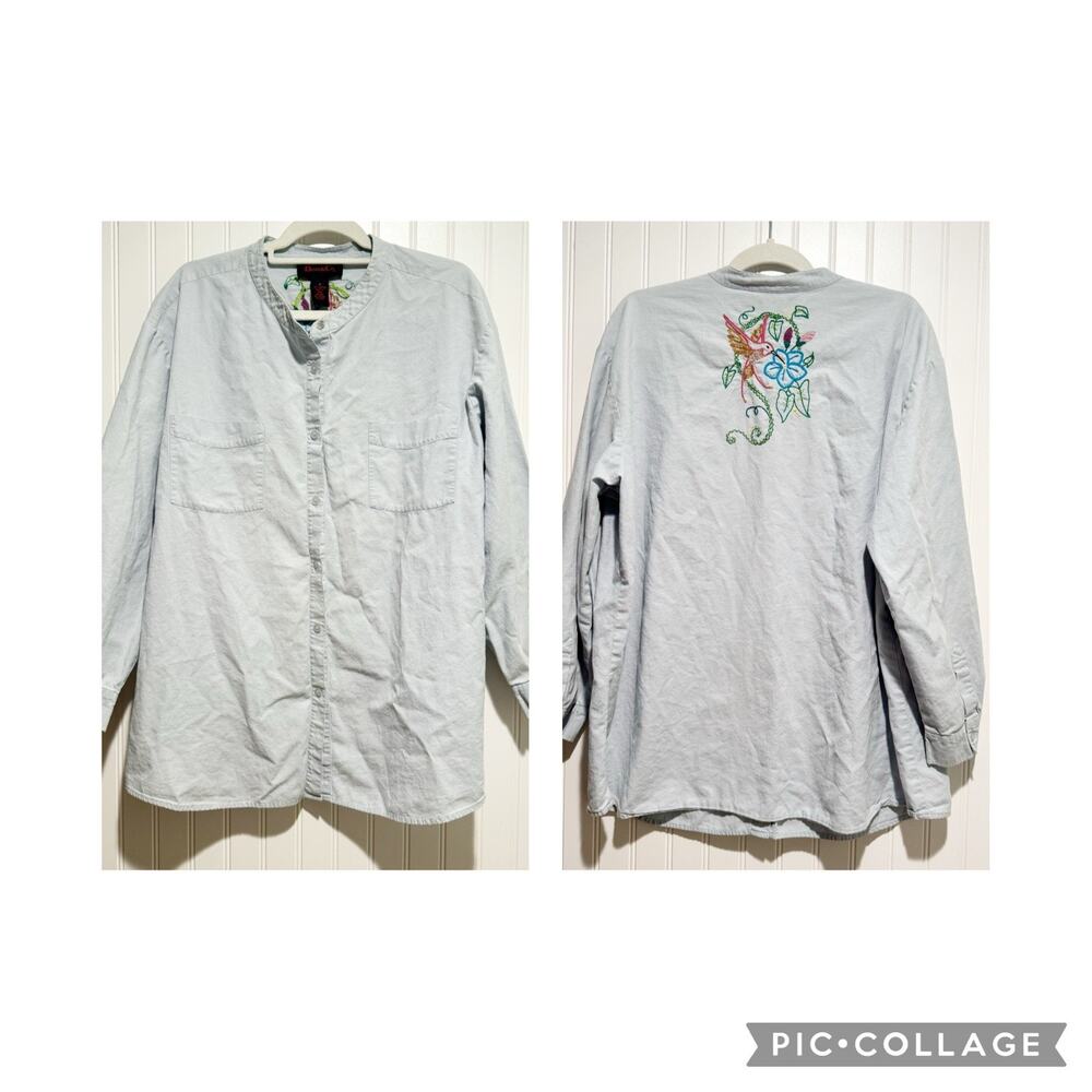 Denim & Co Chambray Collarless Shirt Hummingbird Embroidery Size 1X